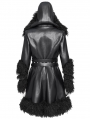 Black Gothic Punk Faux Leather Fur Trim Hooded Jacket for Women
