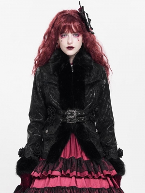 Black Gothic Retro Faux Fur Trim Leather Short Jacket for Women