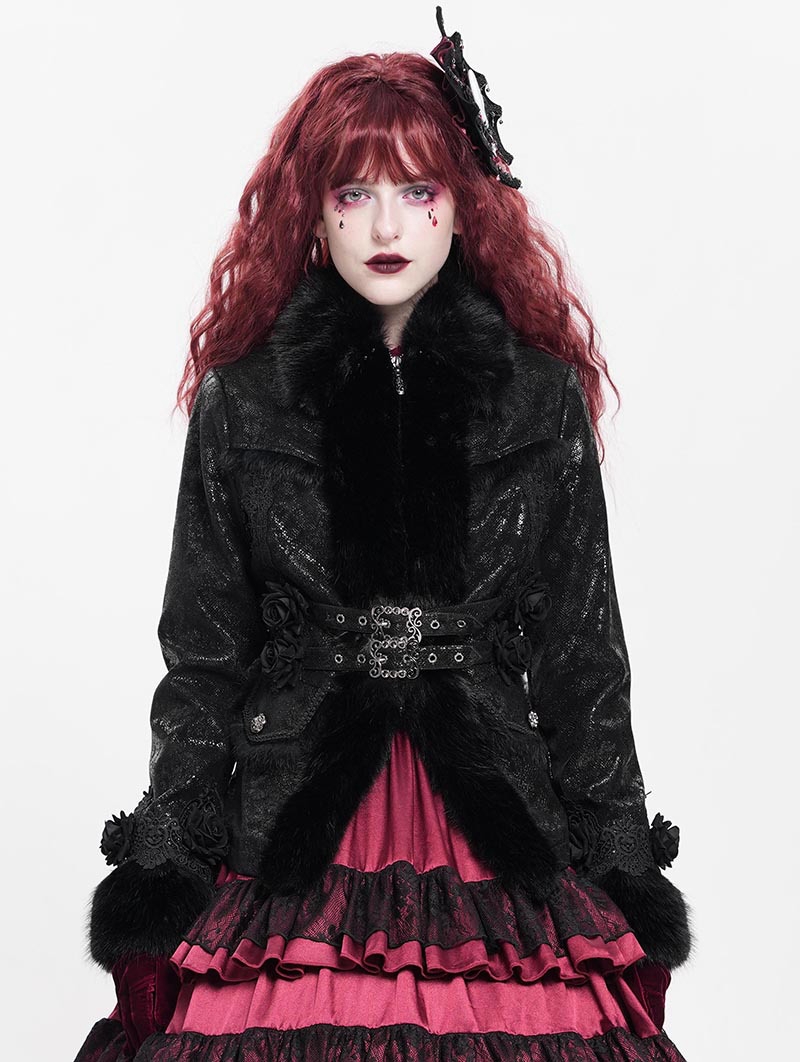 Black Gothic Retro Faux Fur Trim Leather Short Jacket for Women