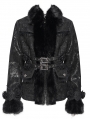 Black Gothic Retro Faux Fur Trim Leather Short Jacket for Women