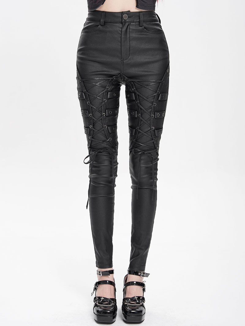 Black Gothic Punk Lace-Up Slim Fitted Pants for Women