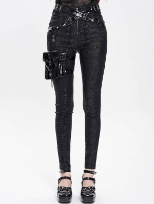 Black Gothic Punk Side Thigh Pocket Pants for Women