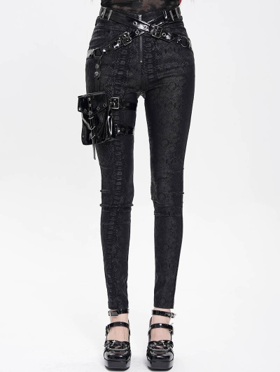 Black Gothic Punk Side Thigh Pocket Pants for Women