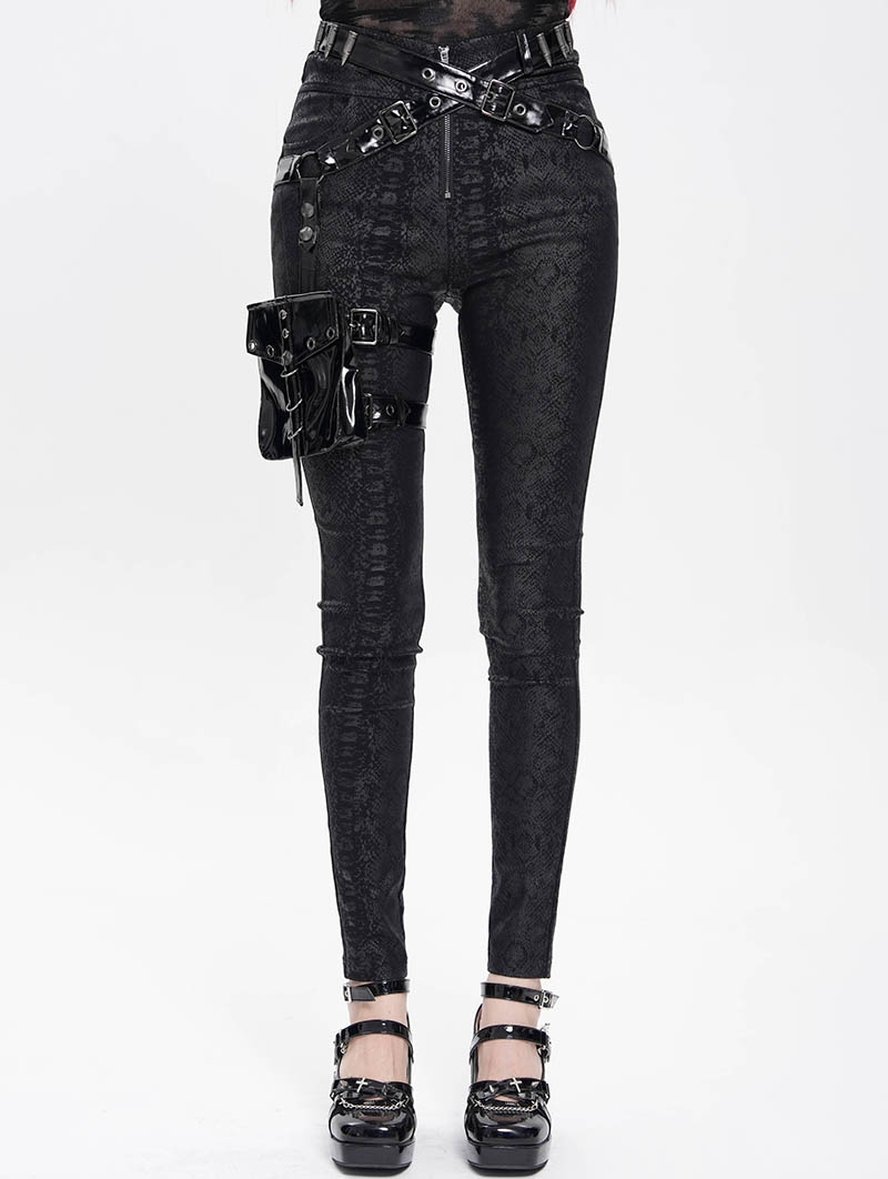Black Gothic Punk Side Thigh Pocket Pants for Women