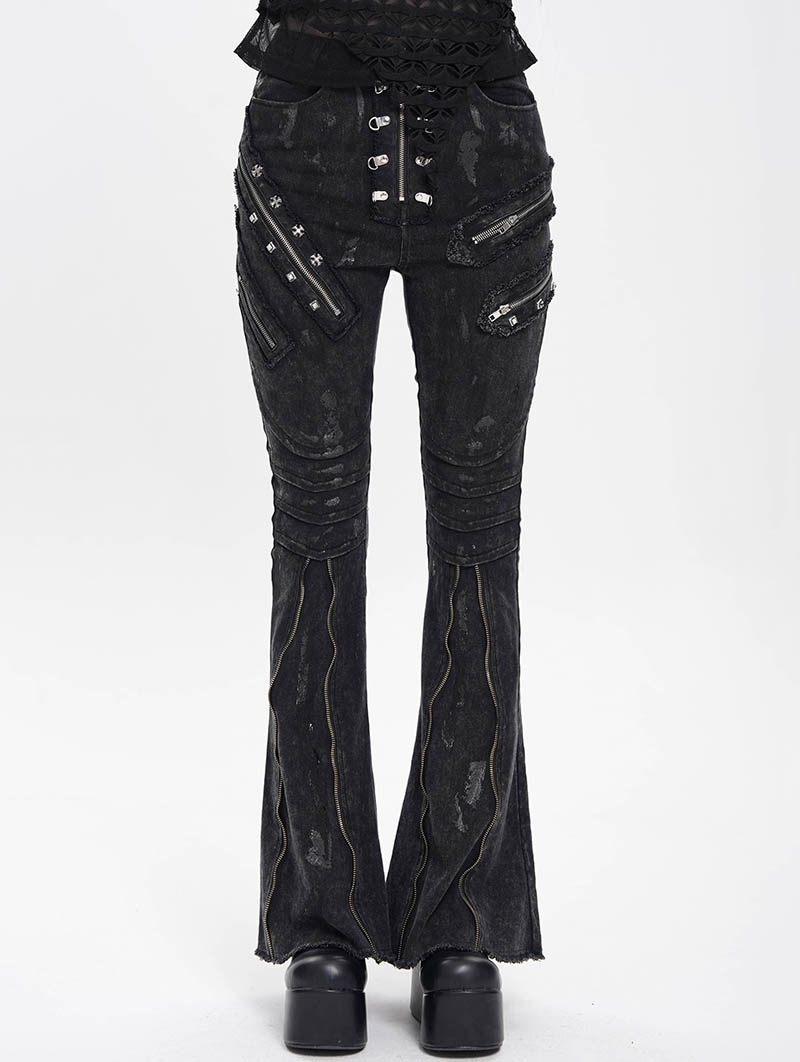 Black Gothic Punk Decadent Zipper Flared Pants for Women