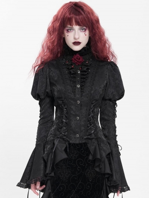 Black Vintage Gothic Frilly Lace-Up Long Sleeve Shirt for Women