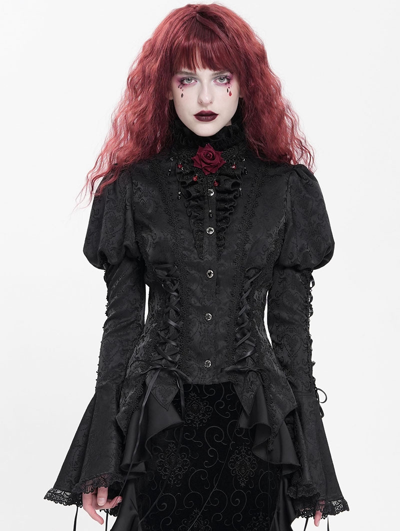 Black Vintage Gothic Frilly Lace-Up Long Sleeve Shirt for Women