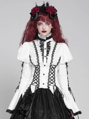 White Vintage Gothic Frilly Lace-Up Long Sleeve Shirt for Women