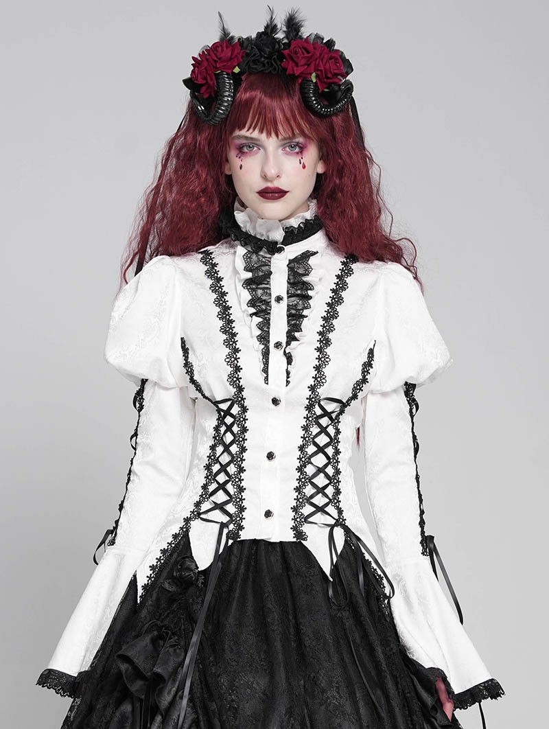 White Vintage Gothic Frilly Lace-Up Long Sleeve Shirt for Women