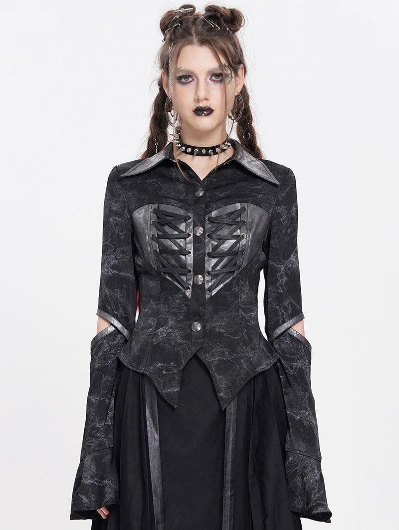 Black Gothic Punk Cut Out Long Sleeve Shirt for Women