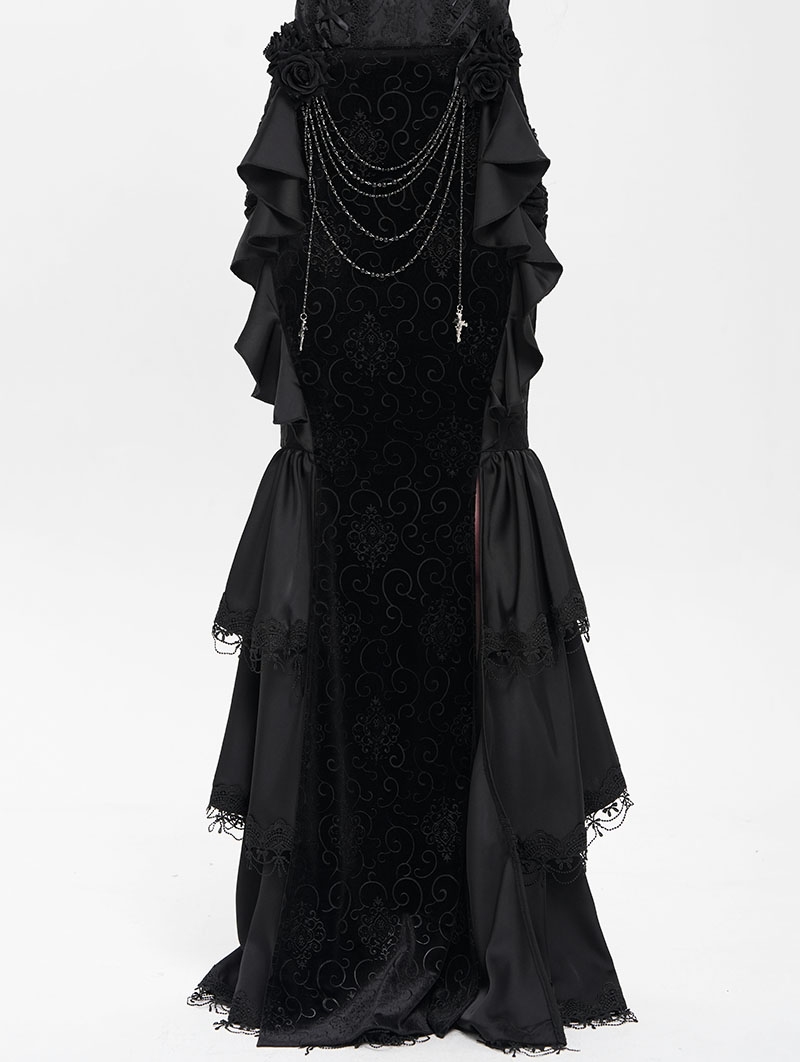 Black Gothic Velvet Layered Ruffle Trim Fishtail Maxi Skirt