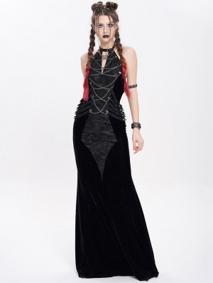 Black Gothic Punk Cross Chain Halter Velvet Maxi Fi../upload/20250715/SHTail Dress