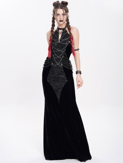 Black Gothic Punk Cross Chain Halter Velvet Maxi Fi../upload/20250715/SHTail Dress