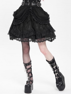 Black Gothic Ruffle Lace Tiered Short Skirt