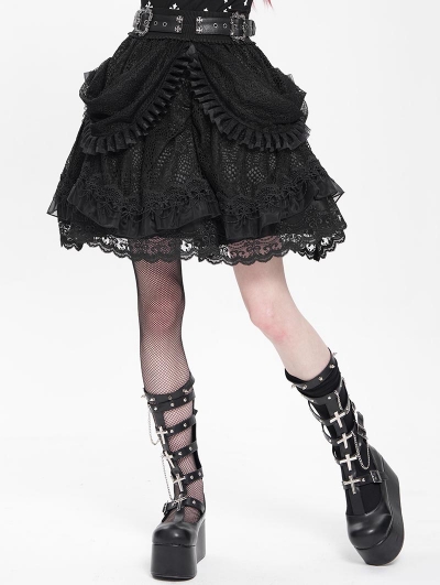 Black Gothic Ruffle Lace Tiered Short Skirt