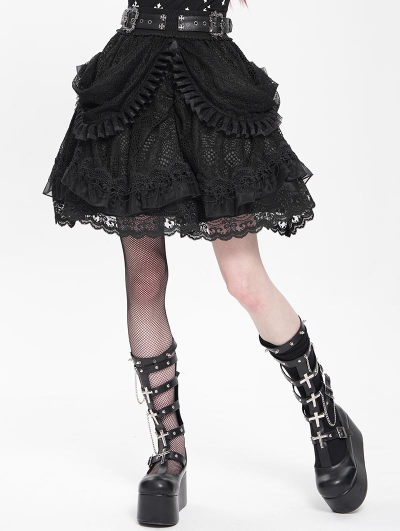 Black Gothic Ruffle Lace Tiered Short Skirt