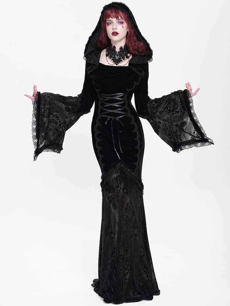 Black Gothic Vampire Embroidered Velvet Hooded Fishtail Maxi Dress