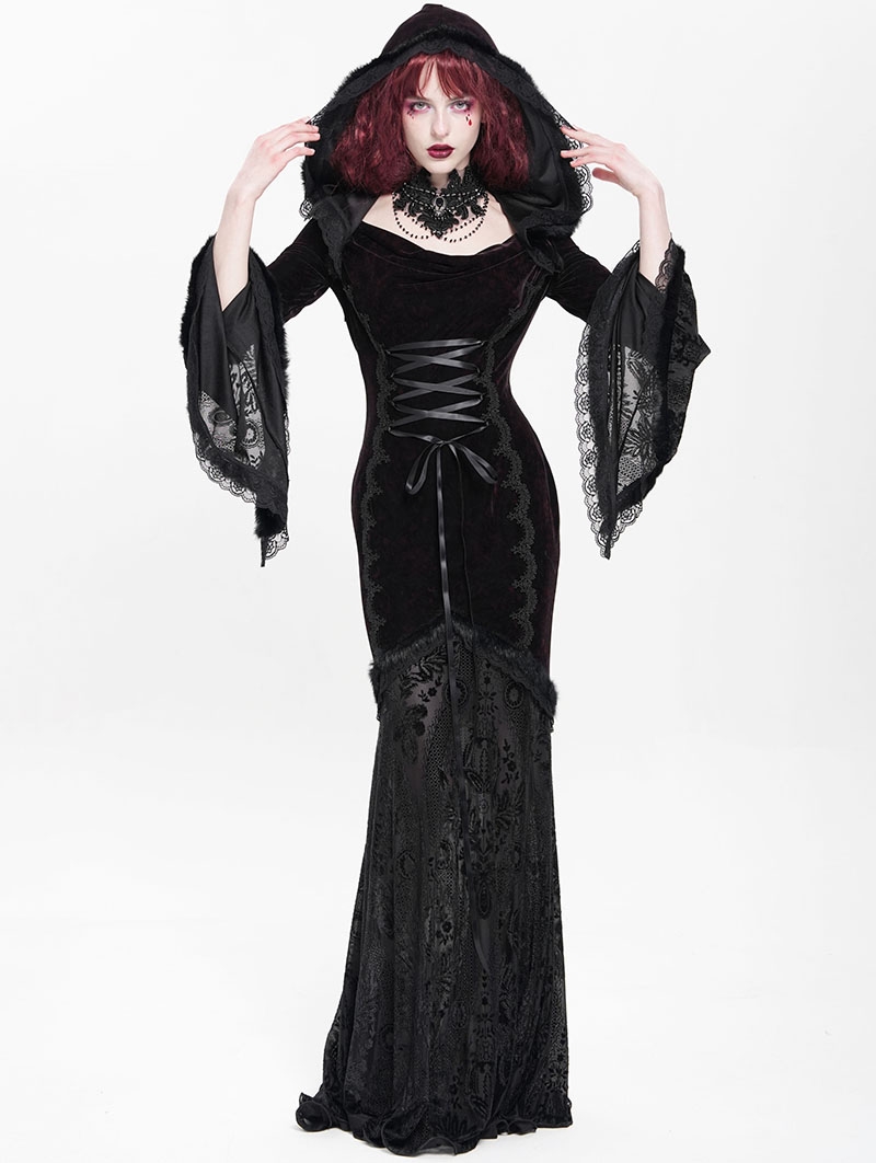 Black and Red Gothic Vampire Embroidered Velvet Hooded Fishtail Maxi Dress