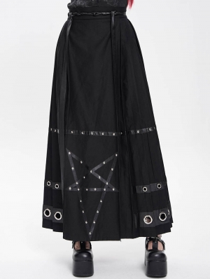 Black Gothic Punk Eyelet Pentagram Studded Maxi Pleated Skirt