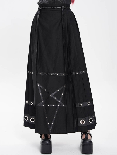 Black Gothic Punk Eyelet Pentagram Studded Maxi Pleated Skirt