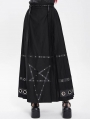 Black Gothic Punk Eyelet Pentagram Studded Maxi Pleated Skirt
