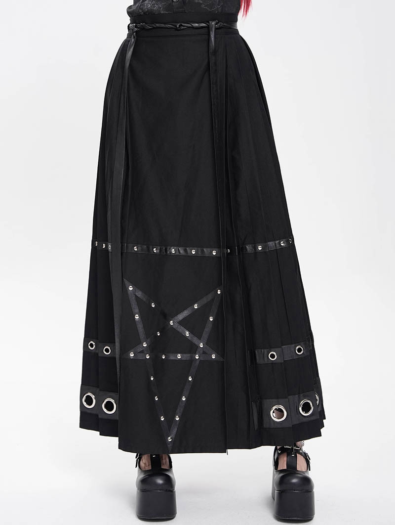 Black Gothic Punk Eyelet Pentagram Studded Maxi Pleated Skirt