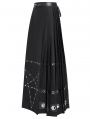 Black Gothic Punk Eyelet Pentagram Studded Maxi Pleated Skirt