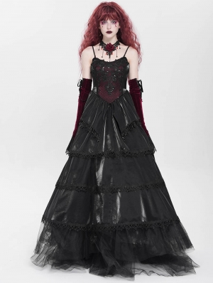 Black and Red Gothic Embroidery Lace Layered Long Slip Party Dress