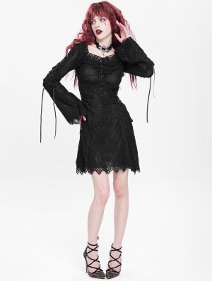 Black Gothic Floral Lace Long Bell Sleeve Short Dress