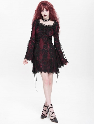 Red Gothic Floral Lace Long Bell Sleeve Short Dress