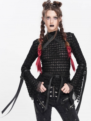 Black Gothic Punk Cross Strap Irregular Hollow Out T-Shirt for Women