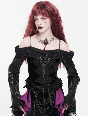 Black Sexy Gothic Off-the-Shoulder Embroidered Ruched Top for Women