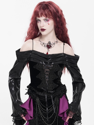 Black Sexy Gothic Off-the-Shoulder Embroidered Ruched Top for Women