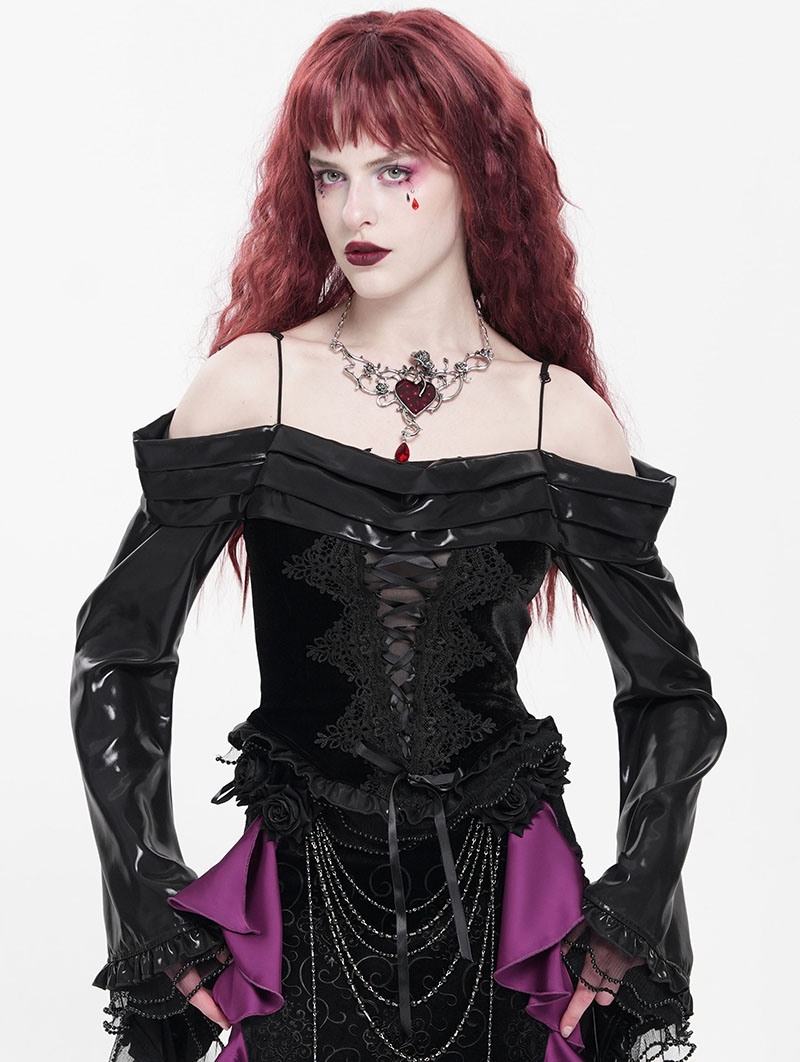 Black Sexy Gothic Off-the-Shoulder Embroidered Ruched Top for Women