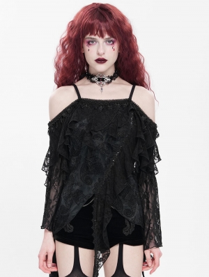 Black Gothic Off-the-Shoulder Asymmetric Lace Tassel Top for Women