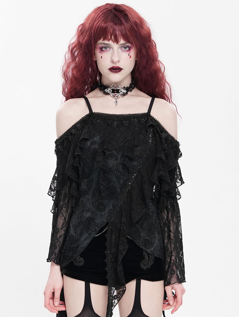 Black Gothic Off-the-Shoulder Asymmetric Lace Tassel Top for Women