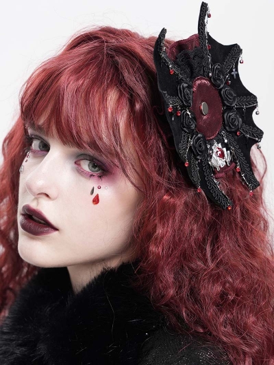 Black and Red Gothic Embroidery Rose Applique Headwear