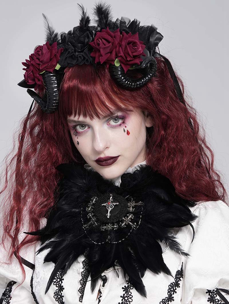 Black Gothic Cross Beaded Feather Headwear