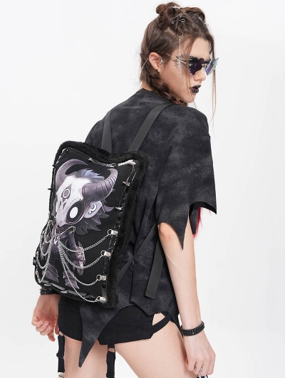 Black Gothic Printed Chain Embellished Backpack