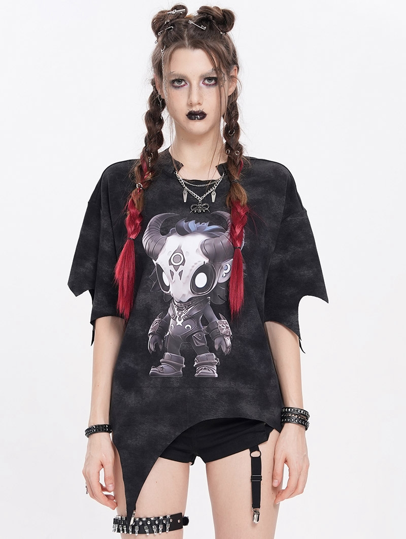 Black Gothic Printed Irregular Loose T-shirt for Women