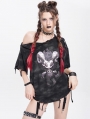 Black Gothic Print Asymmetric Distressed Loose T-shirt for Women