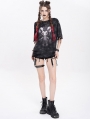 Black Gothic Print Asymmetric Distressed Loose T-shirt for Women