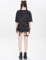 Black Gothic Print Asymmetric Distressed Loose T-shirt for Women
