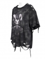Black Gothic Print Asymmetric Distressed Loose T-shirt for Women