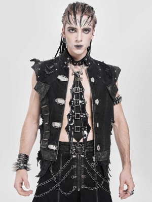 Black Gothic Punk Faux Leather Studded Choker Tie for Men