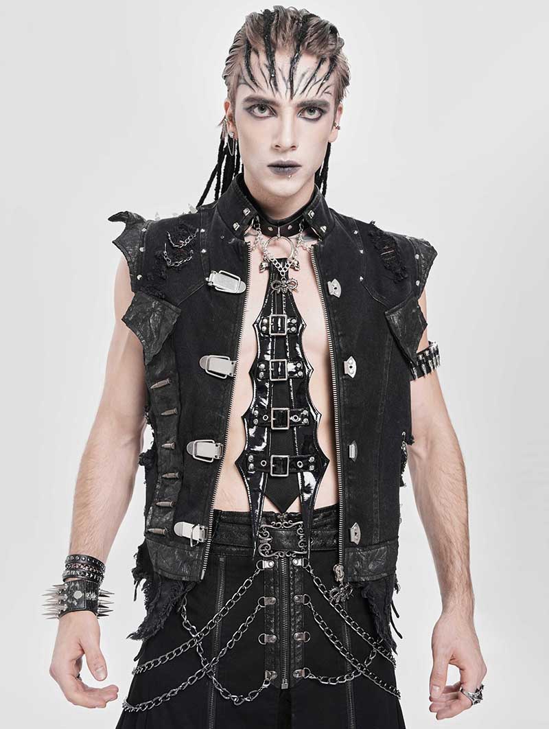 Black Gothic Punk Faux Leather Studded Choker Tie for Men
