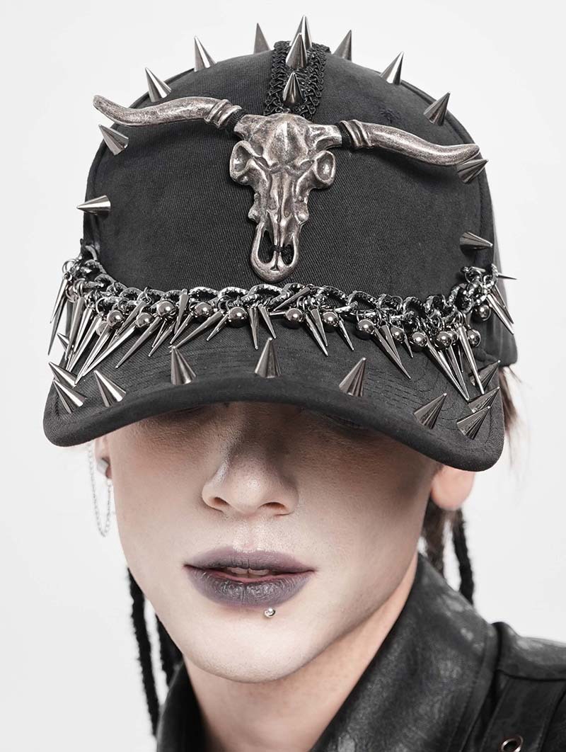Black Gothic Punk Spike Studded Cap for Men