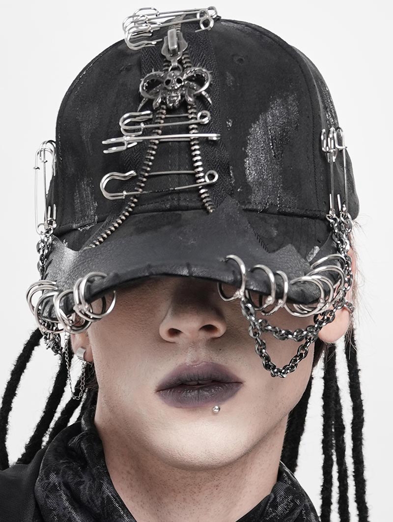 Black Gothic Punk Rock Zipper Cap for Men