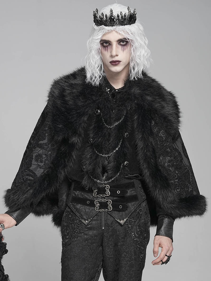 Black Gothic Retro Embroidered Faux Fur Short Cape for Men