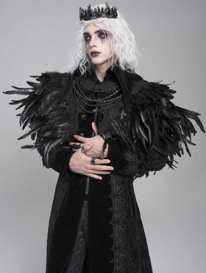 Black Gothic Retro Lace Appliqued Feather Bolero Cape for Men